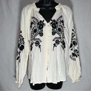 Fat Face Ivory Black Floral Embroidered Boho Peasant Blouse Top Size 10